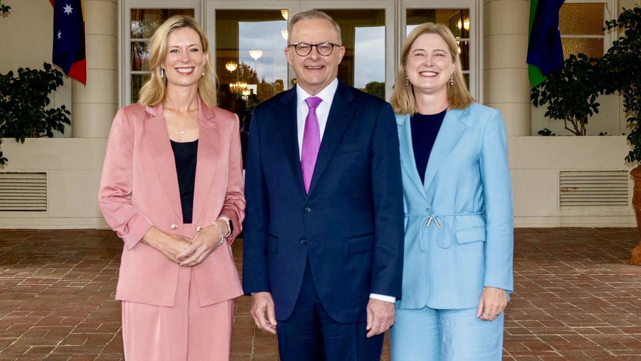Prime Minister Anthony Albanese with his new Assistant Minister for Health and Aged Care, Indigenous Health, and Women, Rebecca White, and Minister for Agriculture, Fisheries and Forestry, Julie Collins.