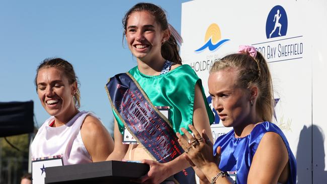 Bay Sheffield 120m sprint women's final winner Layla Kinnane atop the podium. Picture: Russell Millard