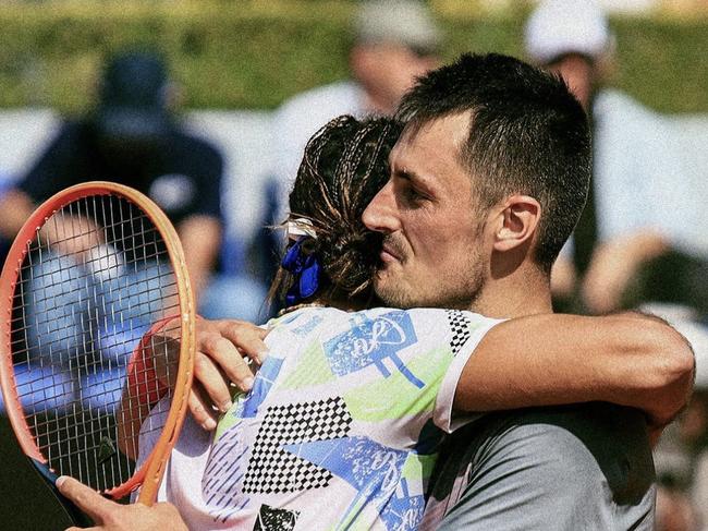 Tomic embracing Skander Mansouri after their Mexico Open quarter-final epic in 2024. Picture: ATP Challenger Tour/Instagram