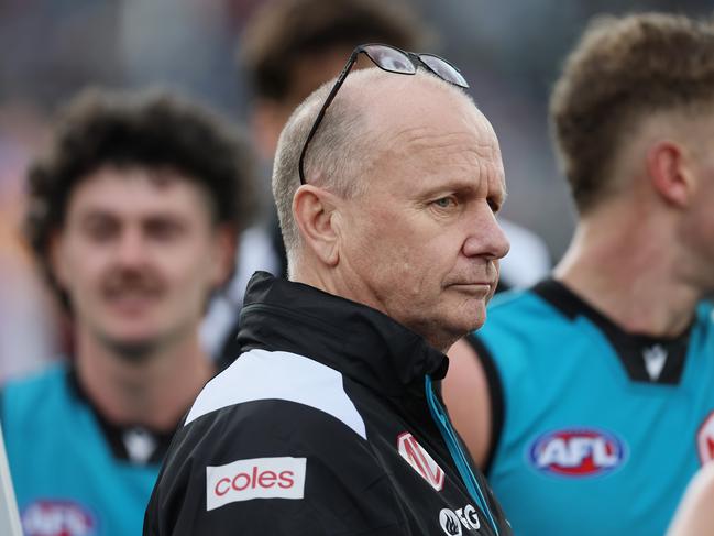 ADELAIDE, AUSTRALIA - JUNE 22: Ken Hinkley, Senior Coach of the Power during the 2024 AFL Round 15 match between the Port Adelaide Power and the Brisbane Lions at Adelaide Oval on June 22, 2024 in Adelaide, Australia. (Photo by James Elsby/AFL Photos via Getty Images)