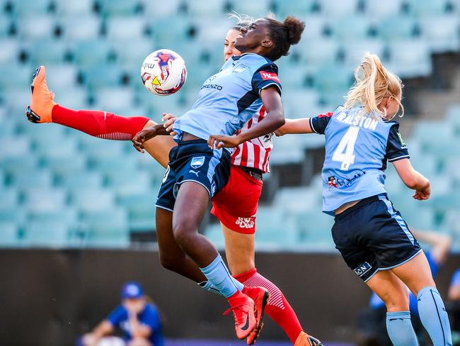 Princess Ibini-Isei rises for the ball. Picture: AAP