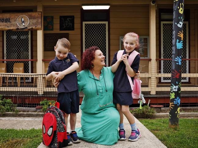 Mogo Public School teaching principal Lynn Dallas with students Lucas Janssen and Kaylee Ziegler-Bass. Picture: Sam Ruttyn