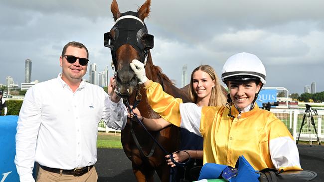 Arts Object after causing a boilover in The Wave for trainer Kurt Goldman and jockey Angela Jones on the Gold Coast earlier this year. Picture: Grant Peters/Trackside Photography.