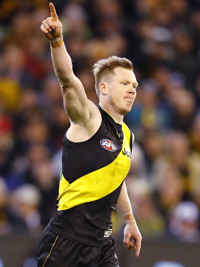 Jack Riewoldt celebrates a goal. Picture: Michael Klein