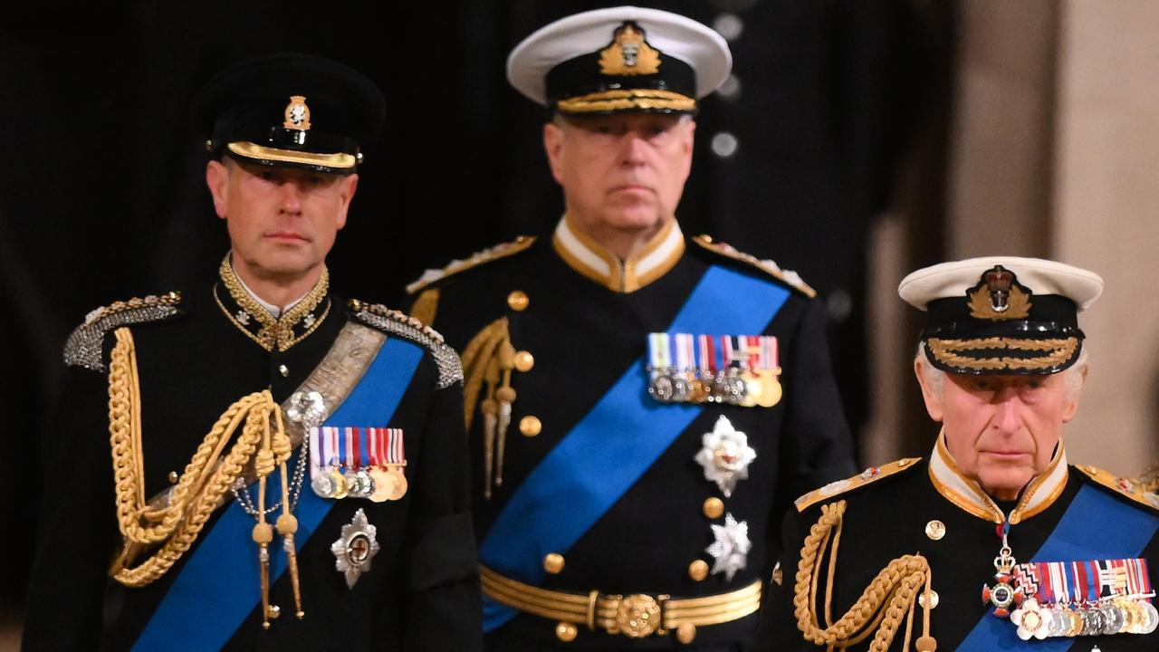 King Charles lll, Prince Andrew and Prince Edward attend a vigil following the death of Queen Elizabeth ll. (Photo by Daniel Leal - WPA Pool / Getty Images)