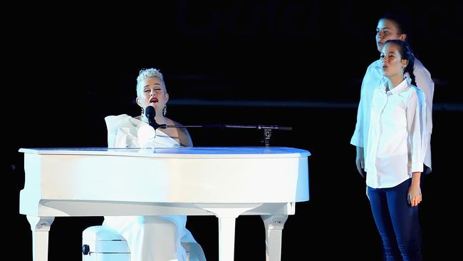 Katie Noonan performs with two backup singers at the opener. Picture: Getty