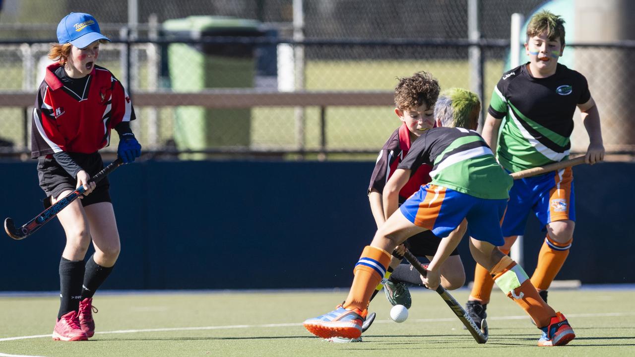 Past High captain Colten Hart (centre) against Newtown Norths Tigers in under-11 boys Presidents Cup hockey at Clyde Park, Saturday, May 27, 2023. Picture: Kevin Farmer