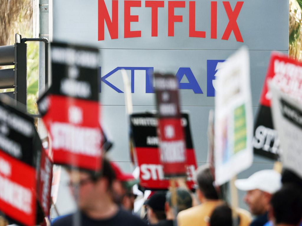 Striking WGA (Writers Guild of America) members picket with striking SAG-AFTRA members outside Netflix studios this past weekend as negotiations got underway. Picture: MARIO TAMA / GETTY