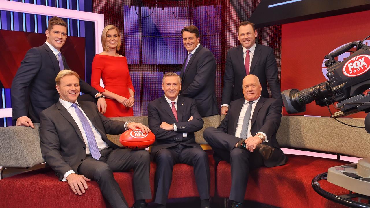 Foxtel Personalties at the Melbourne studio. Nick Dal Santo, Dermott Brereton, Sarah Jones, Eddie McGuire, Paul Roos, David King and Mark Maclure. Picture: Tony Gough