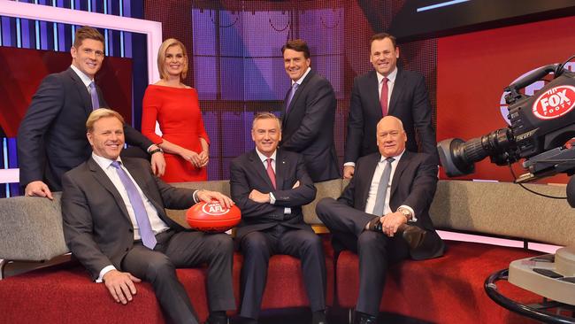 Foxtel Personalties at the Melbourne studio. Nick Dal Santo, Dermott Brereton, Sarah Jones, Eddie McGuire, Paul Roos, David King and Mark Maclure. Picture: Tony Gough