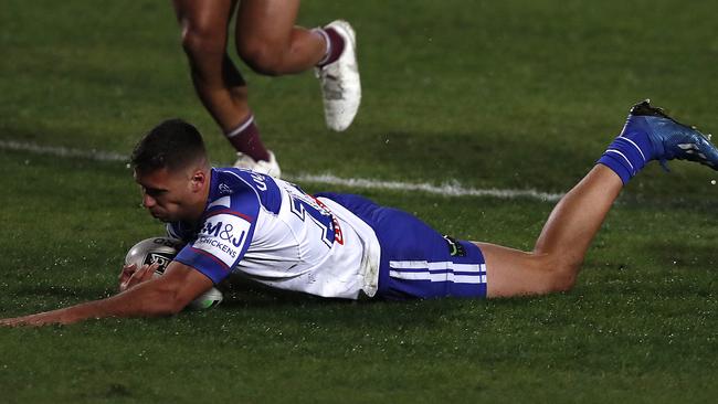 Averillo scores a try against Manly in the Bulldogs’ round three defeat.