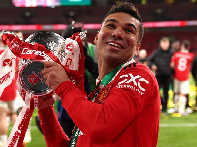 Casemiro of Manchester United celebrates with the Carabao Cup trophy following victory in the final against Newcastle United at Wembley Stadium. Picture: Julian Finney/Getty Images