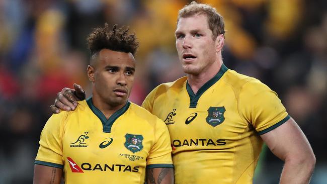 A dejected Will Genia and David Pocock after Australia's loss in the Australian Wallabies v New Zealand All Blacks Bledisloe Cup match at ANZ Stadium, Homebush. Picture: Brett Costello