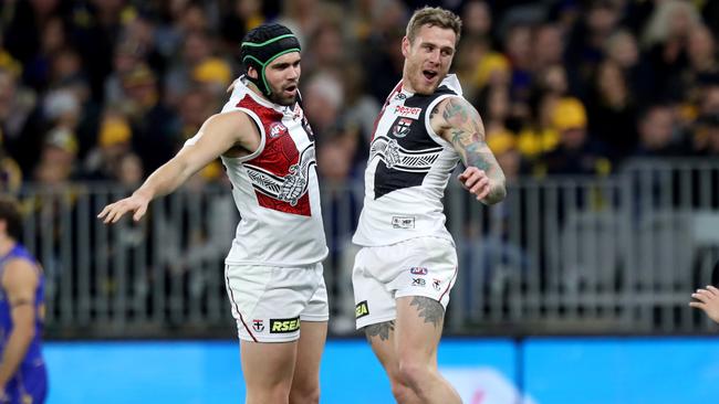 Paddy McCartin and Tim Membrey celebrate a goal.