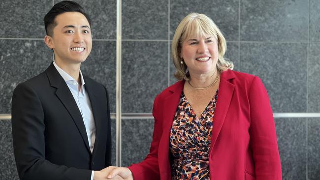 CEL executive director Gallant Tang and Chief Minister Eva Lawler sign an agreement to develop the Darwin Convention Centre Hotel. Picture: Fia Walsh