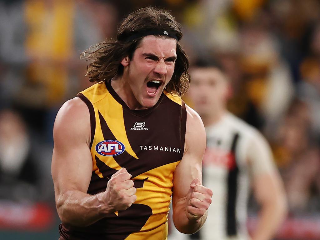 MELBOURNE, AUSTRALIA - August 5 , 2023. AFL . Jai Newcombe of the Hawks celebrates a 4th quarter goal during the round 21 match between the Hawthorn and Collingwood at Marvel Stadium in Melbourne. Photo by Michael Klein.