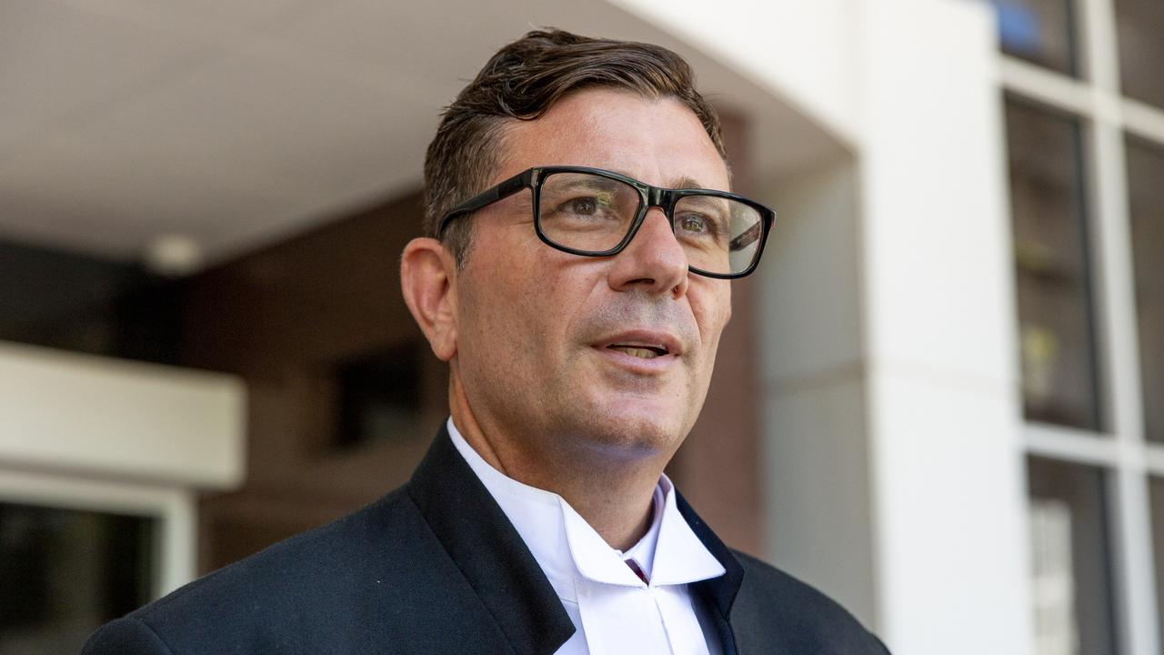 Defence barrister Michael Gatenby speaking about his client, Mongols national president Nick 'The Knife' Forbes, outside of the Supreme Court of the Northern Territory. Picture: Floss Adams