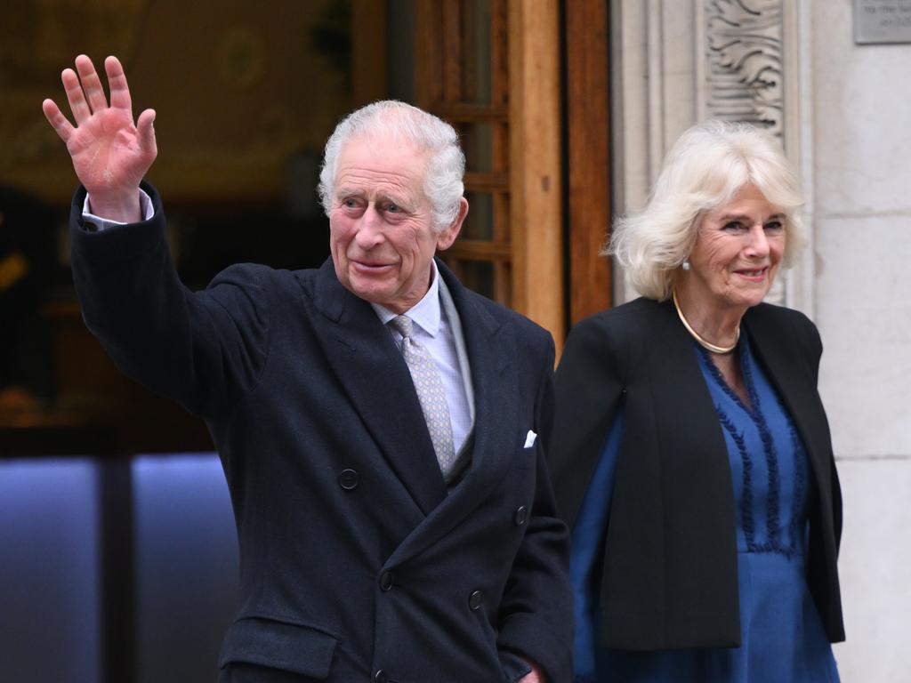 King Charles III with Queen Camilla leaves The London Clinic on January 29, 2024.