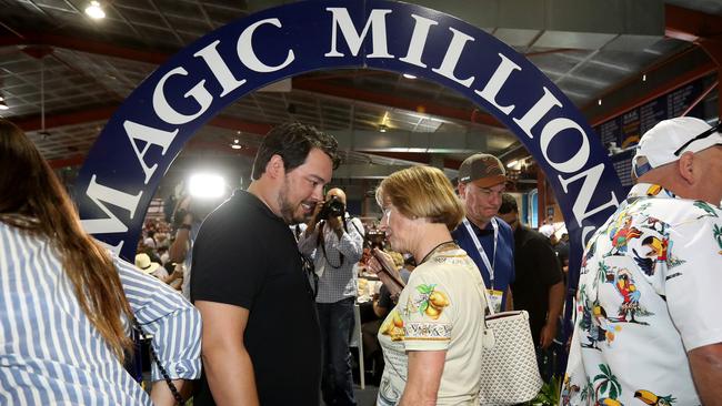 At Magic Millions yearling sales on the Gold Coast, legendary trainer Gai Waterhouse joined with Gold Coast-based Aquis Farm’s Justin Fung (left) and others to secure the brother of 2008 Golden Slipper winner Sebring for day two’s biggest buy of $1.3 million dollars. Picture: Scott Fletcher