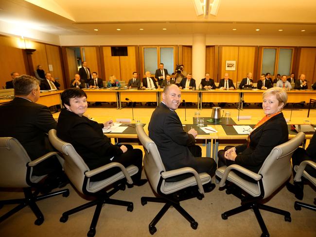 Business Council of Australia, Chief Executive Jennifer Westacott with Mr Frydenberg and Chair of the Minerals Council of Australia Vanessa Guthrie and other Business leaders meeting with coalition backbenchers about the National Energy Guarantee at Parliament House in Canberra. Picture Kym Smith