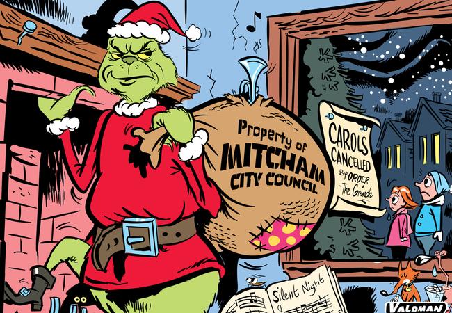 Cartoonist Jos Valdman's take on Mitcham Council cancelling their Christmas Carols.