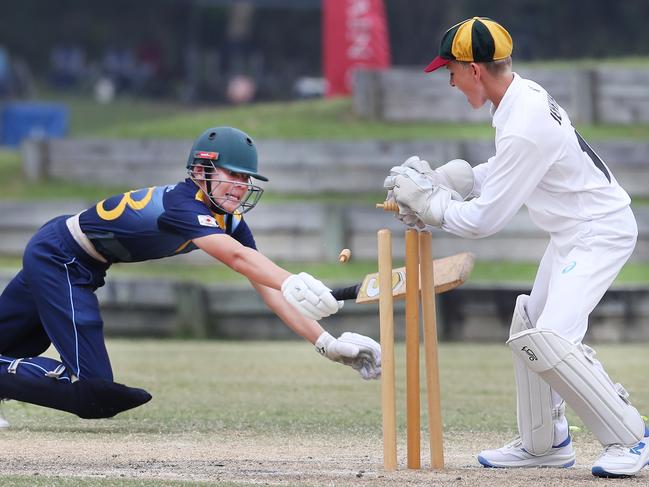 Final of the Queensland Junior Representative cricket Carnival at TSS. Gold Coast Dolphins (batting) v Bears.  A frantic Michael Causer fails to make his ground before Bears keeper Banjo Jenkins takes the bails. Picture Glenn Hampson