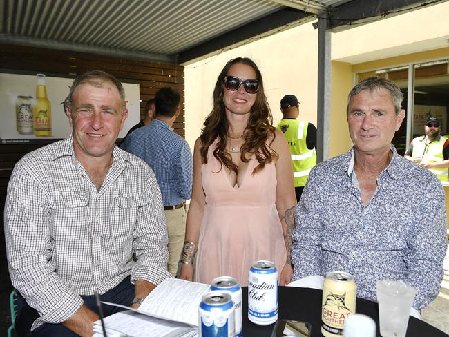 Ladbrokes Sale Cup. Racegoers are pictured attending Cup Day horse races at Sale Turf Club, Sunday 27th October 2024. Frank Morgan, Belinda Hoekstra and Richard Donahoe. Picture: Andrew Batsch