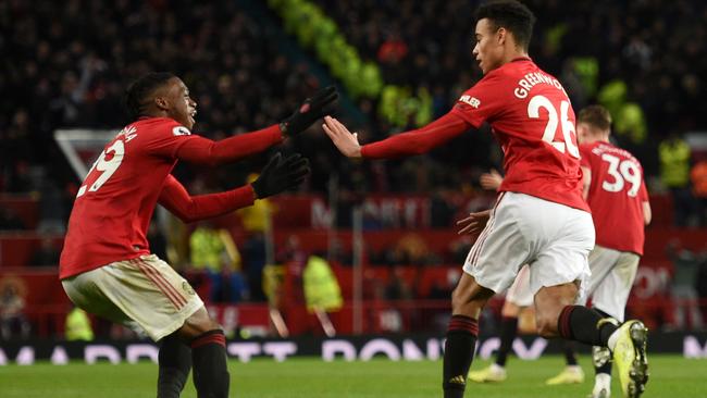 Manchester United's Mason Greenwood celebrates his goal against Everton. Picture: AFP