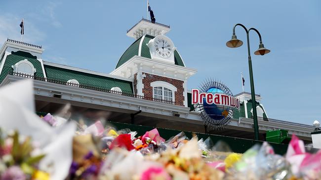 Flowers at a memorial out the front of Dreamworld on November 9.