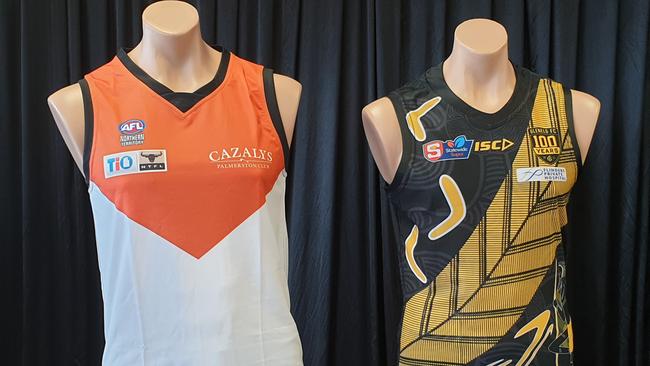 The guernseys being worn by the NTFL and Glenelg. Darwin's own Marlon Motlop and Keelan Fejo designed and drew the Glenelg indigenous jumper.