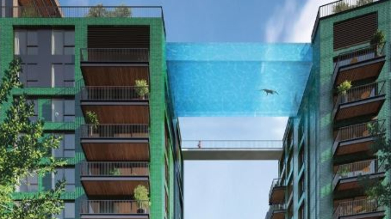 The transparent Sky Pool, suspended 13 floors above the ground between two luxury blocks of flats in LondonCredit: The Mega Agency