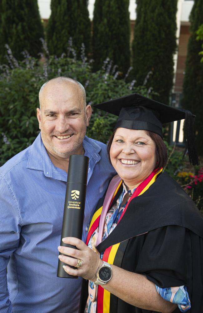 Master of Learning and Teaching (Early Childhood) graduate Jayne Gothmann celebrates with Greg Gothmann at a UniSQ graduation ceremony at The Empire, Tuesday, October 29, 2024. Picture: Kevin Farmer