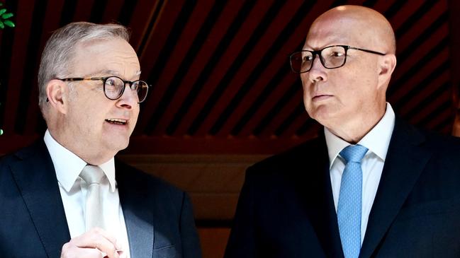 Australia's Prime Minister Anthony Albanese (L) talks with Australia's Opposition Leader Peter Dutton at the Wishing Tree at Parliament House in Canberra on November 6, 2024. (Photo by TRACEY NEARMY / AFP)