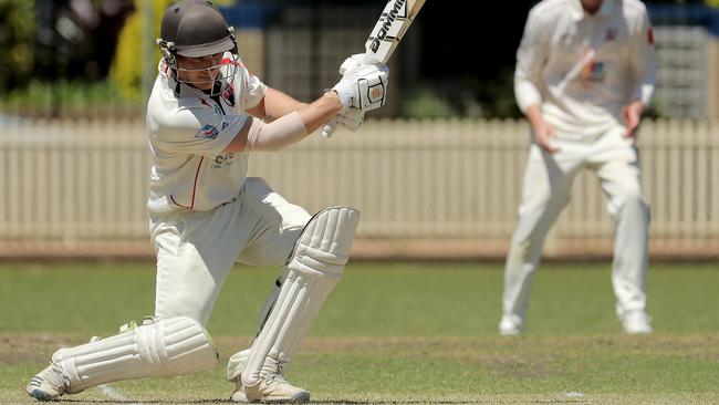 Thomas Jagot of the Bears drives during round 4 of the NSW Premier Grade cricket match between UTS North Sydney Bears and Gordon at Chatswood Oval on October 29, 2022 in Chatswood. (Photo by Jeremy Ng/Newscorp Australia)