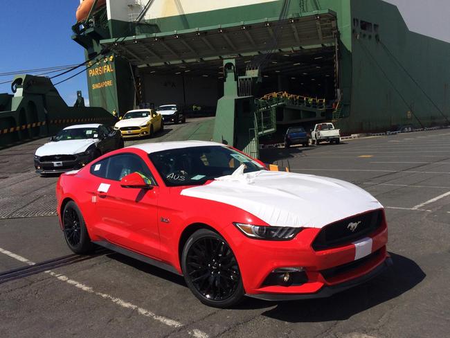 On home soil ... The first 2015 Ford Mustang touches ground in Melbourne. Picture: Supplied