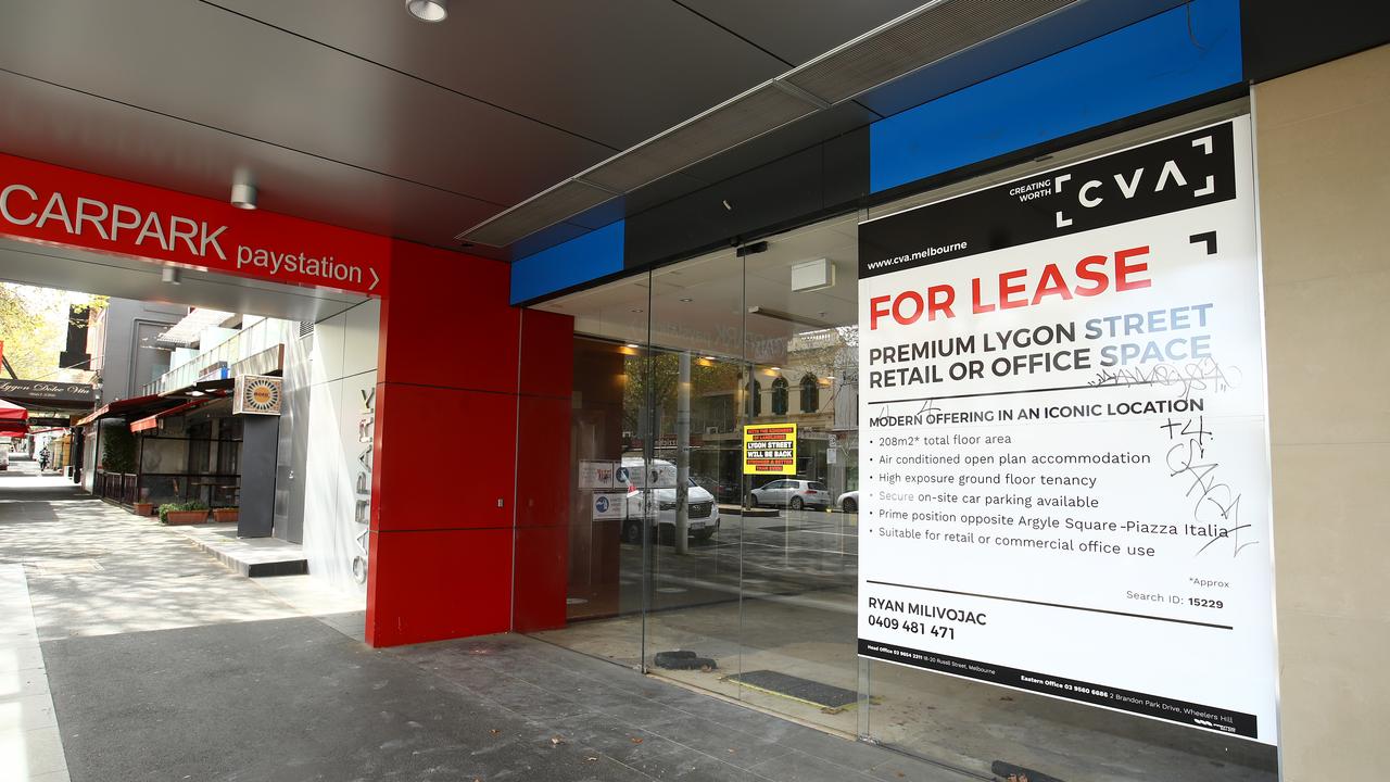 A for lease sign in a store on Lygon Street in Carlton on Wednesday. Picture: Robert Cianflone/Getty Images