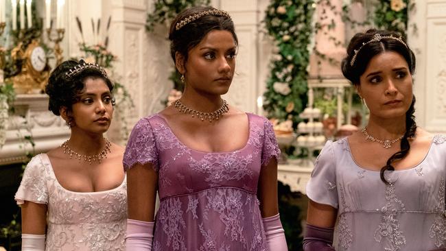 Charithra Chandran as Edwina Sharma, Ashley as Kate Sharma and Shelley Conn as Mary Sharma. Picture: Netflix