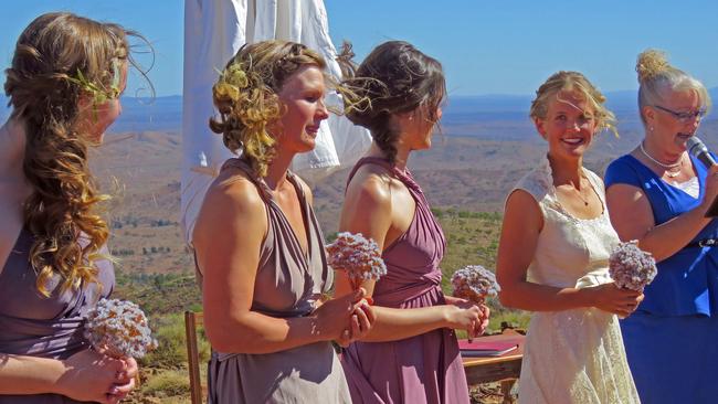 Tanja Ebert and her bridesmaids during her wedding to Michael Burdon at Oulnina Park Station earlier this year. Picture: Supplied