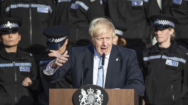 A WPC becomes unwell during Boris Johnson’s speech in West Yorkshire. Picture: Getty Images.