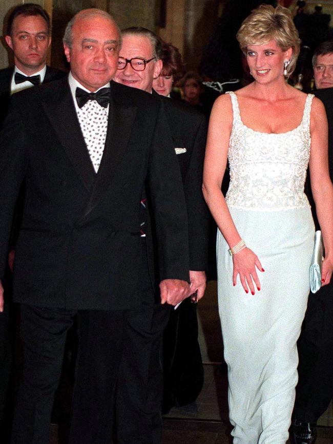 Princess Diana with Mohammed Al Fayed attending a charity dinner for the Harefield Heart Unit held at Harrods. Picture: Getty Images.