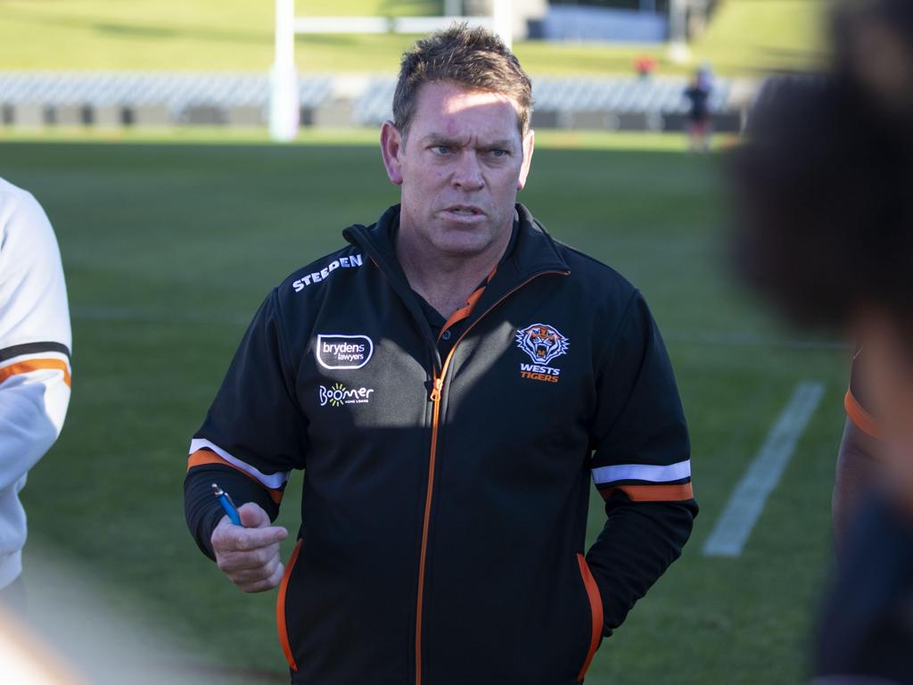 Brett Kimmorley in charge of his first training session. Picture: Wests Tigers