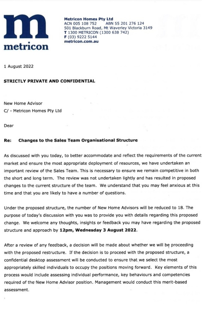 A letter to Metricon sales staff about redundancies. Source: news.com.au