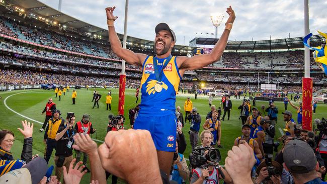 Liam Ryan enjoys the win with Eagles fans. Picture: Jason Edwards