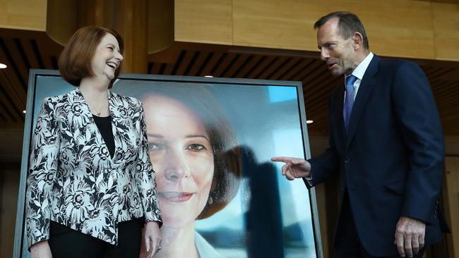 Former PMs Julia Gillard and Tony Abbott shared a stage at Gillard’s official portrait unveiling at Parliament House in Canberra.