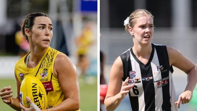 Christy Landwehr of Nightcliff and Ella Ward of Palmerston in the 2024-25 NTFL season.