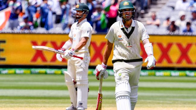 Joe Burns walks off after his dismissal for an eventful four runs from 10 balls Picture: AFP