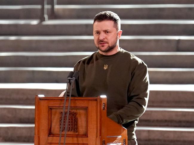 Ukrainian President Volodymyr Zelenskyy addresses parliamentarians in Westminster Hall in London. Picture: Getty Images