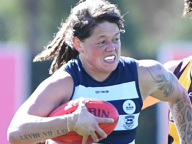 Richelle Cranston (left) of Geelong is seen in action during the Women's VFL match at Box Hill City Oval, Melbourne, Saturday, August 25, 2018. Hawthorn v Geelong. (AAP Image/James Ross) NO ARCHIVING