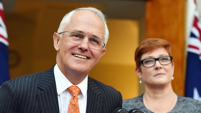 Prime Minister Malcolm Turnbull and Defence Minister Marise Payne announce the shipbuilding project. Picture: AAP Image/Mick Tsikas