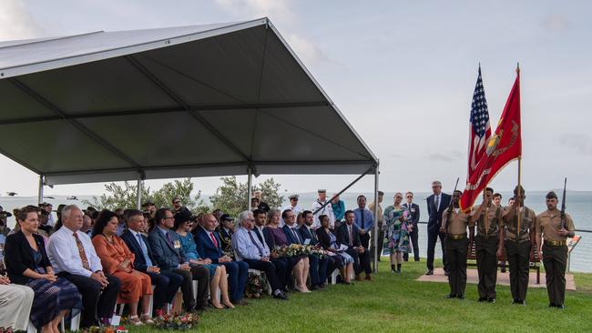 Australians, Americans and Japanese gather before the USS Peary Memorial, Darwin Esplanade, to commemorate the Bombing of Darwin. Picture: Pema Tamang Pakhrin